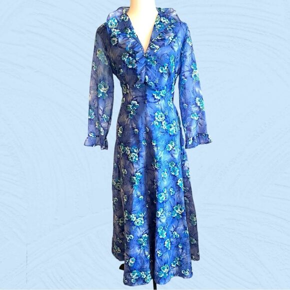 Vintage 60s Missy Matron Spi Bor maxi floral blue bell dress - Picture 1 of 13